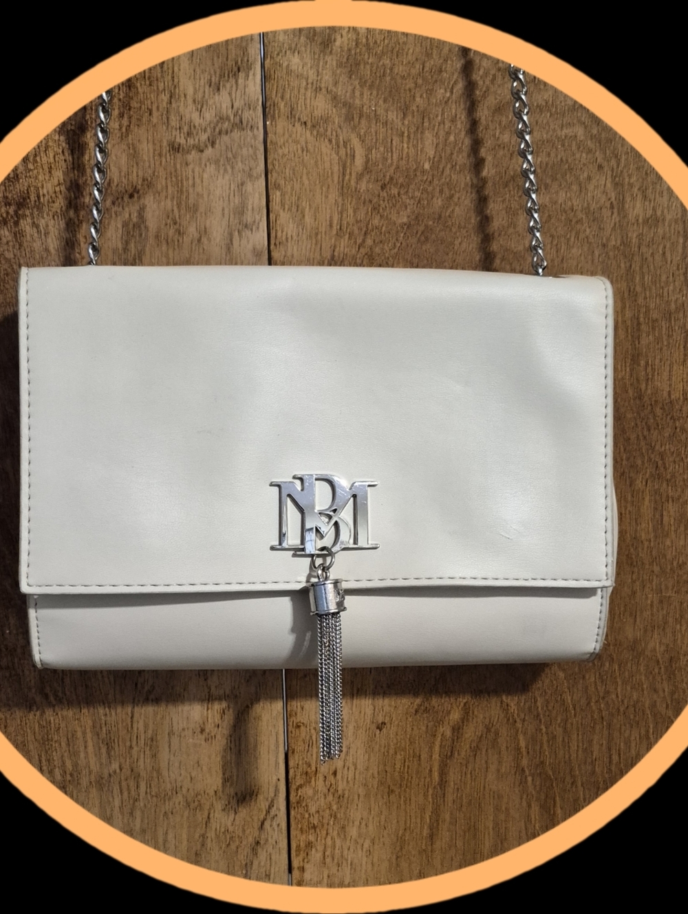 Bradley Mischka Cream Faux Leather Chain Link Crossbody Bag w/Fringe Tassel